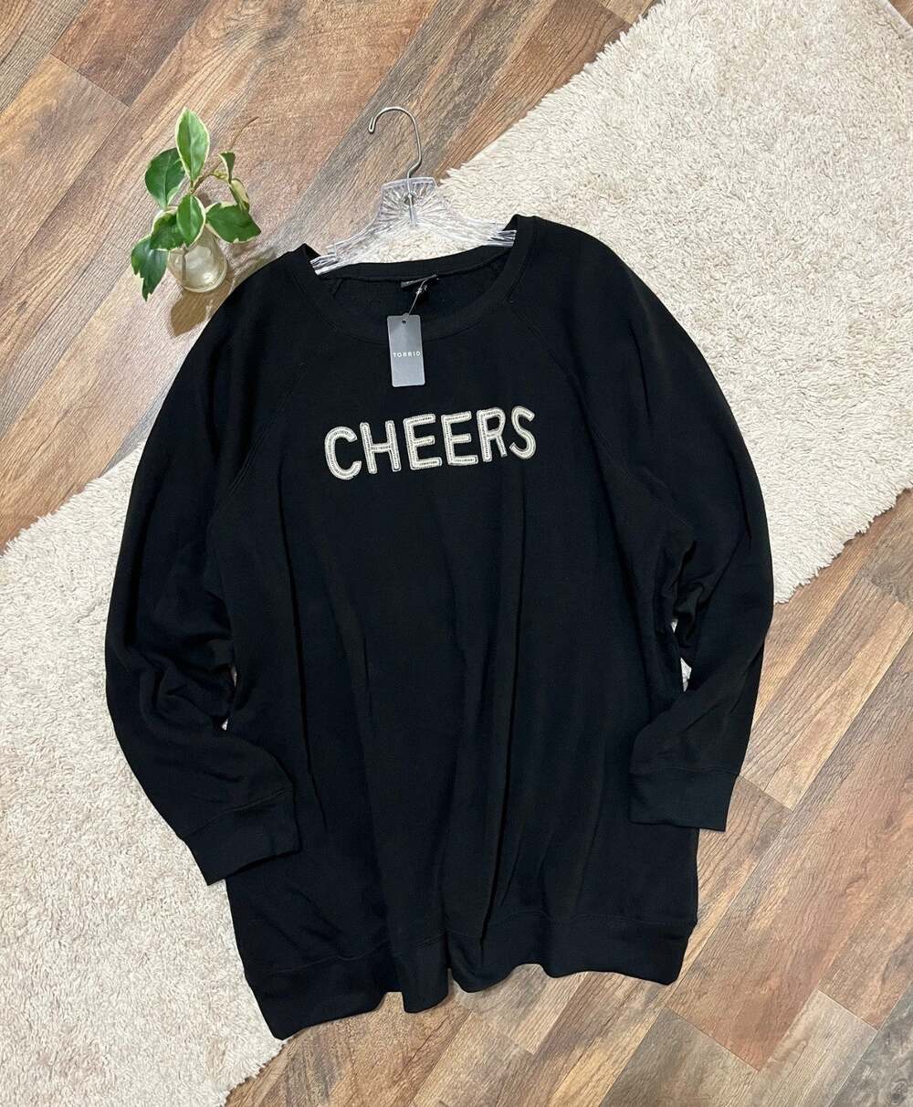 Torrid Size 3X Black "Cheers" Crewneck Raglan Pullover Sweatshirt NWT